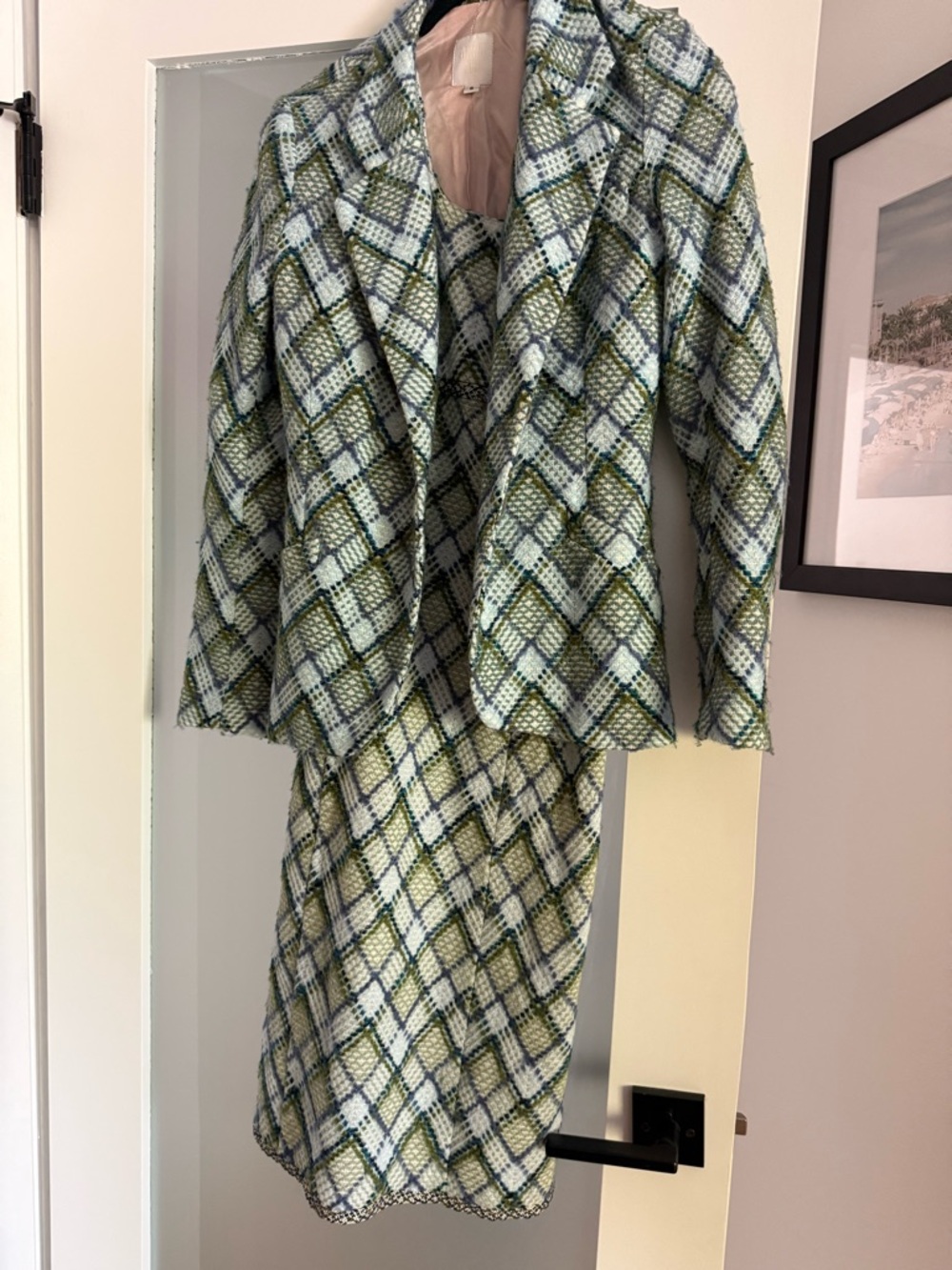 Anna Sui Multicolor Pastel Diamond Tweed Dress  and matching jacket